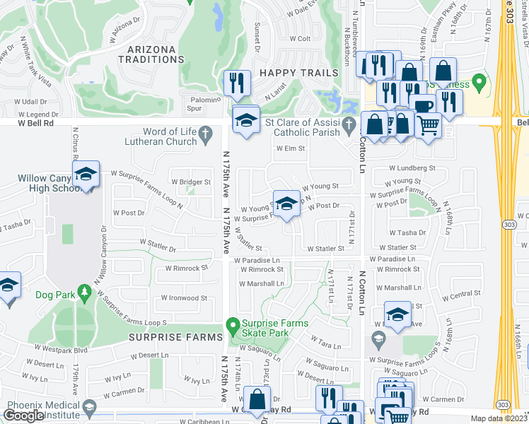 map of restaurants, bars, coffee shops, grocery stores, and more near 17337 West Young Street in Surprise