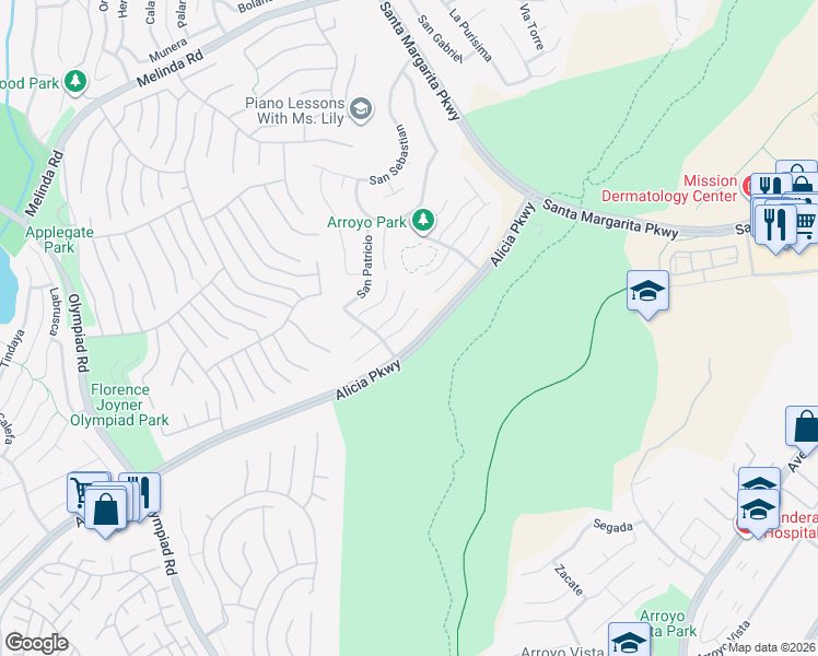 map of restaurants, bars, coffee shops, grocery stores, and more near 18 Santa Teresa in Rancho Santa Margarita