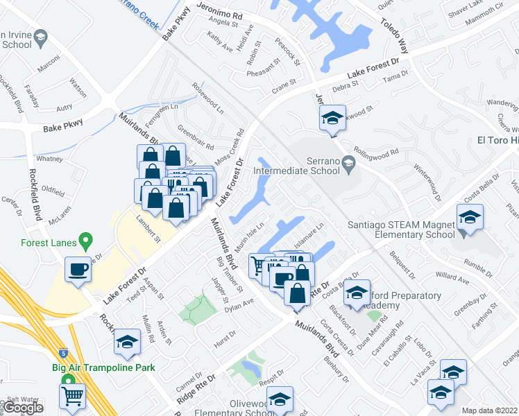 map of restaurants, bars, coffee shops, grocery stores, and more near 22631 Spring Lake Lane in Lake Forest