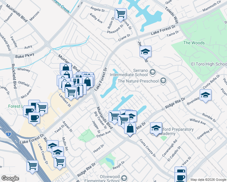 map of restaurants, bars, coffee shops, grocery stores, and more near 22631 Spring Lake Lane in Lake Forest