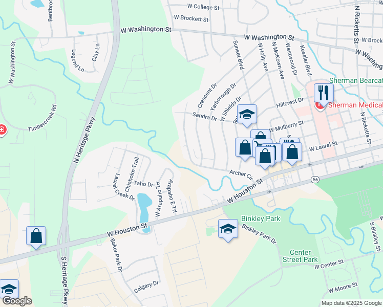 map of restaurants, bars, coffee shops, grocery stores, and more near 1824 Crescent Drive in Sherman