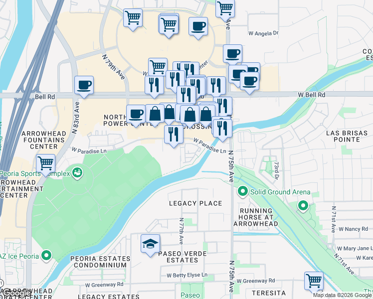 map of restaurants, bars, coffee shops, grocery stores, and more near 7677 West Paradise Lane in Peoria