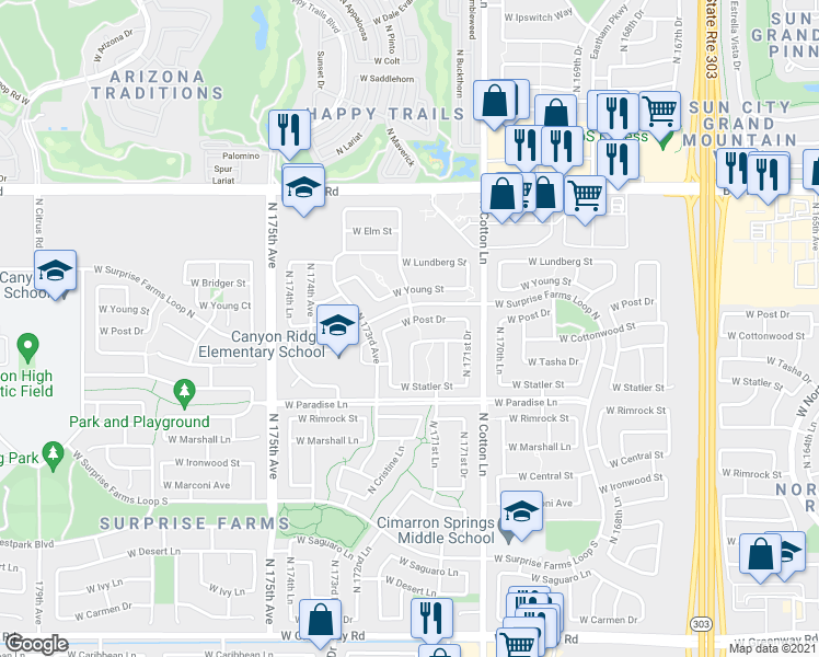 map of restaurants, bars, coffee shops, grocery stores, and more near 17209 West Post Drive in Surprise