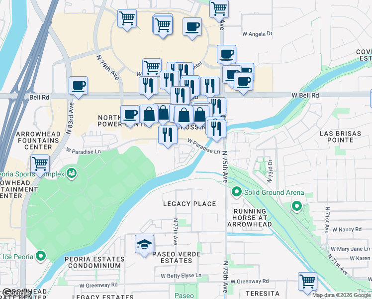 map of restaurants, bars, coffee shops, grocery stores, and more near 7677 West Paradise Lane in Peoria