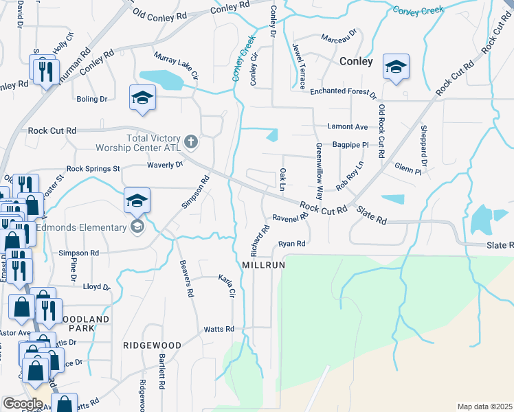 map of restaurants, bars, coffee shops, grocery stores, and more near 4419 Richard Road in Conley