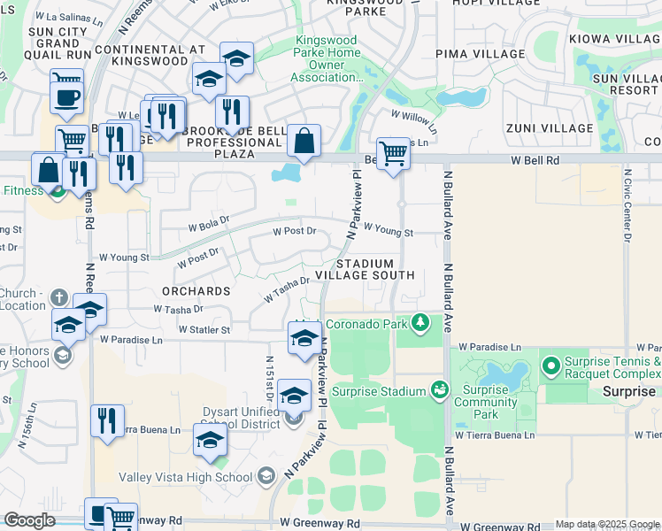 map of restaurants, bars, coffee shops, grocery stores, and more near 16514 North 149th Court in Surprise