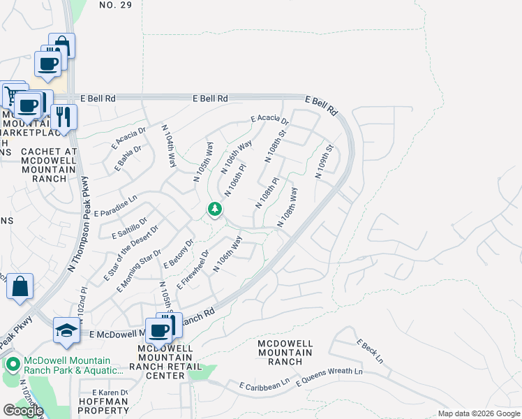 map of restaurants, bars, coffee shops, grocery stores, and more near 16335 North 108th Place in Scottsdale