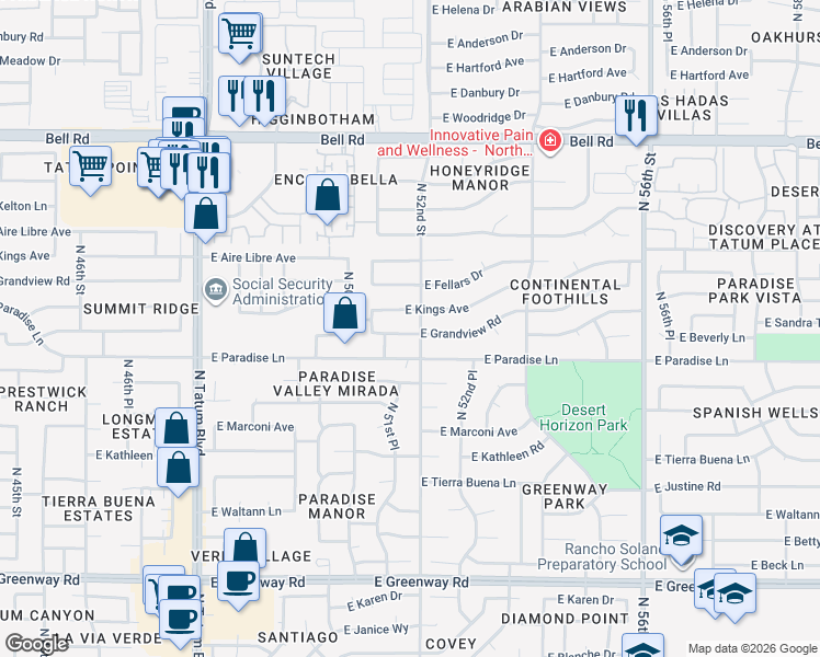 map of restaurants, bars, coffee shops, grocery stores, and more near 5201 East Kings Avenue in Scottsdale