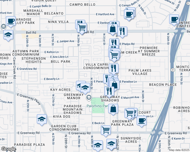 map of restaurants, bars, coffee shops, grocery stores, and more near 3050 Scully Drive in Phoenix