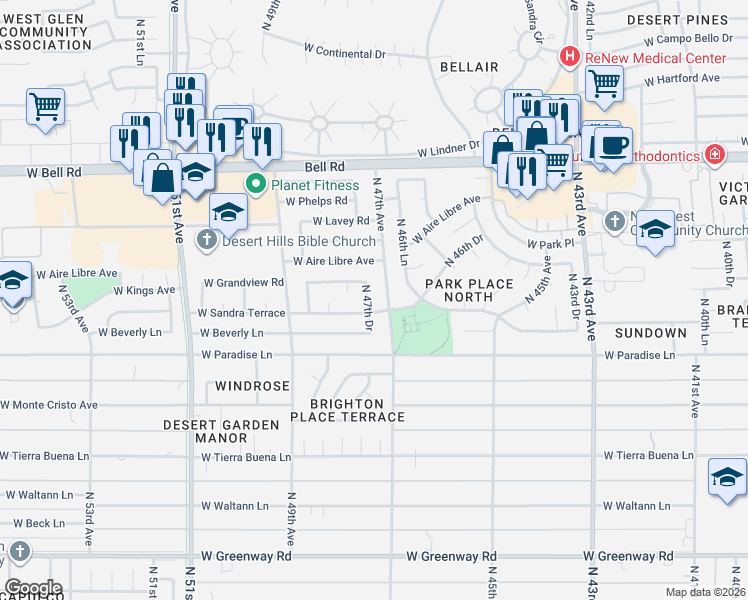 map of restaurants, bars, coffee shops, grocery stores, and more near 16418 North 47th Drive in Glendale