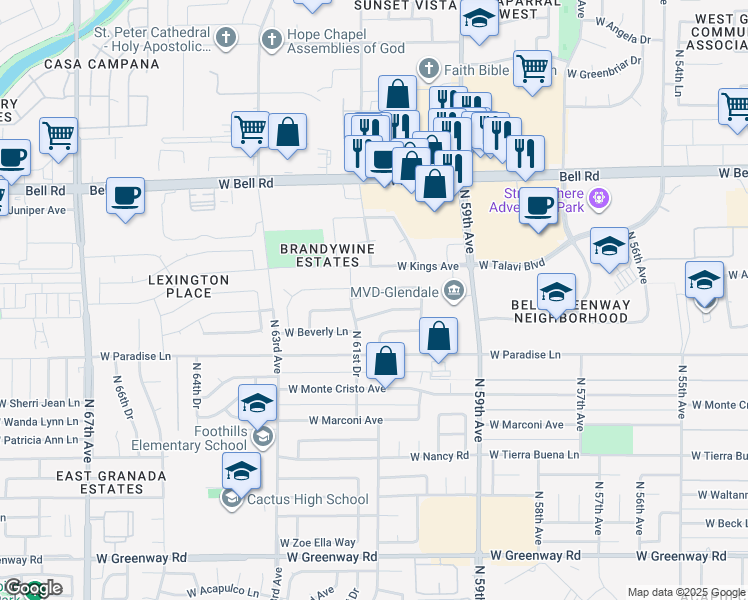 map of restaurants, bars, coffee shops, grocery stores, and more near 6031 West Grandview Road in Glendale