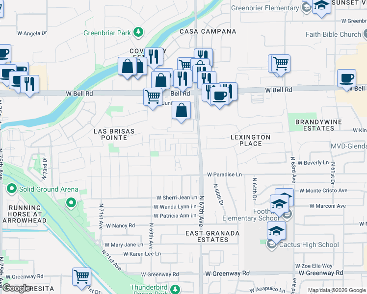 map of restaurants, bars, coffee shops, grocery stores, and more near 16498 North 67th Lane in Peoria