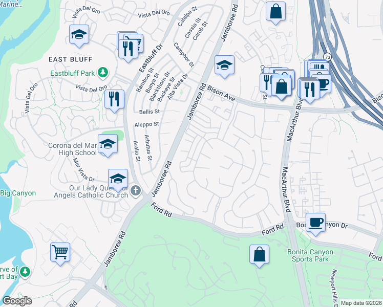 map of restaurants, bars, coffee shops, grocery stores, and more near 6 Turtle Bay Drive in Newport Beach