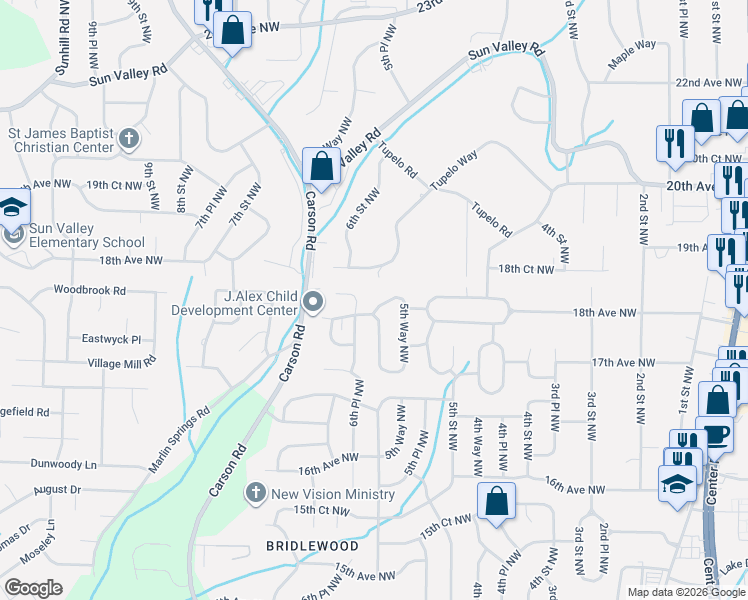 map of restaurants, bars, coffee shops, grocery stores, and more near 1829 5th Way Northwest in Center Point