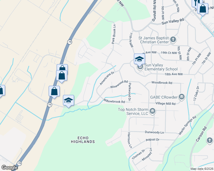 map of restaurants, bars, coffee shops, grocery stores, and more near 1337 Americana Drive in Birmingham