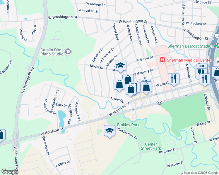 map of restaurants, bars, coffee shops, grocery stores, and more near 1817 West Shields Drive in Sherman