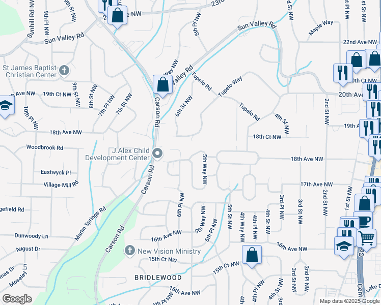 map of restaurants, bars, coffee shops, grocery stores, and more near 1829 5th Way Northwest in Center Point