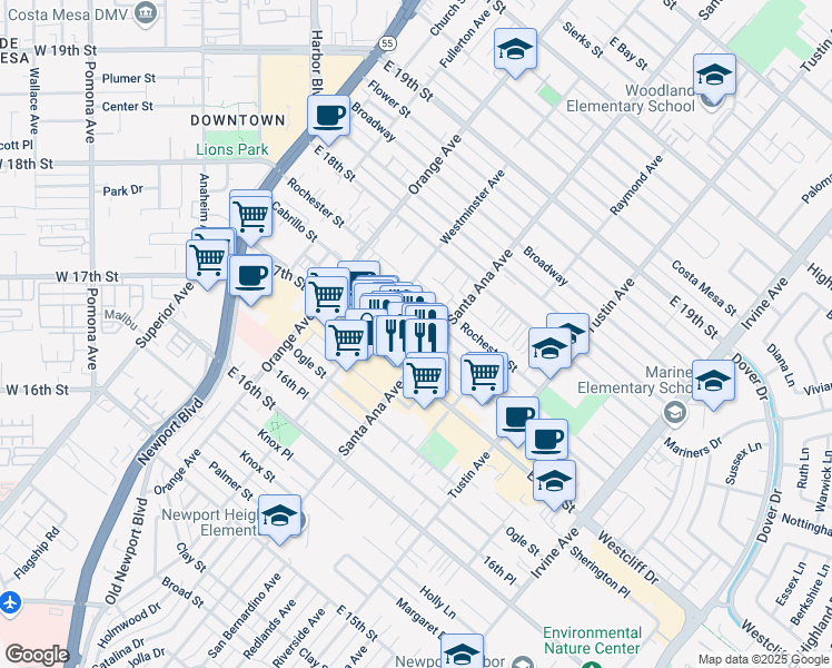 map of restaurants, bars, coffee shops, grocery stores, and more near 283 Cabrillo Street in Costa Mesa