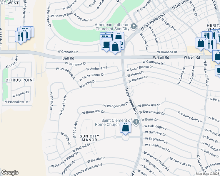 map of restaurants, bars, coffee shops, grocery stores, and more near 10733 West Pineaire Drive in Sun City