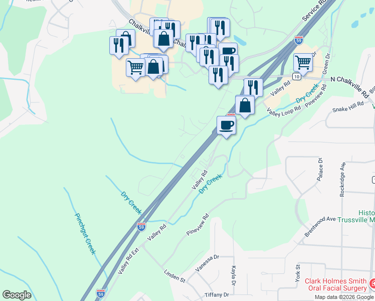 map of restaurants, bars, coffee shops, grocery stores, and more near 5859 Service Road in Birmingham