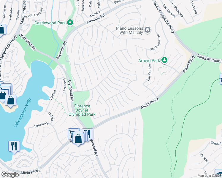 map of restaurants, bars, coffee shops, grocery stores, and more near 22541 Wakefield in Mission Viejo
