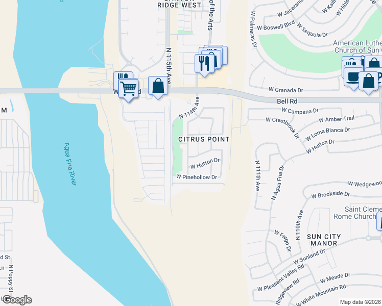 map of restaurants, bars, coffee shops, grocery stores, and more near 16542 North 114th Drive in Surprise