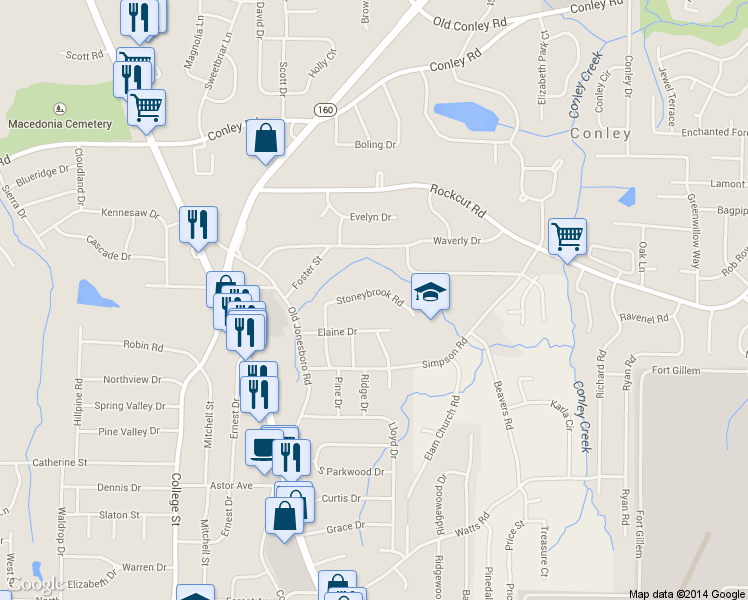 map of restaurants, bars, coffee shops, grocery stores, and more near 1149 Stoneybrook Road in Forest Park