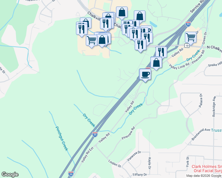 map of restaurants, bars, coffee shops, grocery stores, and more near 5840 Service Road in Birmingham