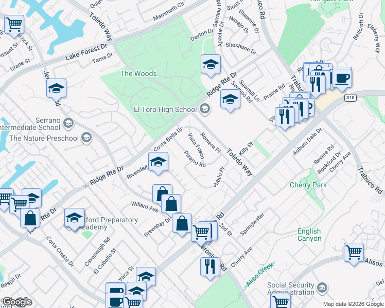 map of restaurants, bars, coffee shops, grocery stores, and more near 25171 Pizarro Road in Lake Forest