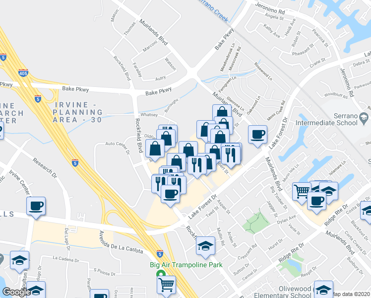 map of restaurants, bars, coffee shops, grocery stores, and more near 23675 Birtcher Dr in Lake Forest