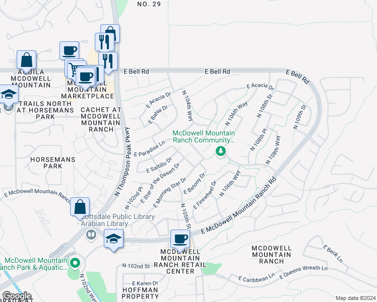 map of restaurants, bars, coffee shops, grocery stores, and more near 10566 East Star of the Desert Drive in Scottsdale