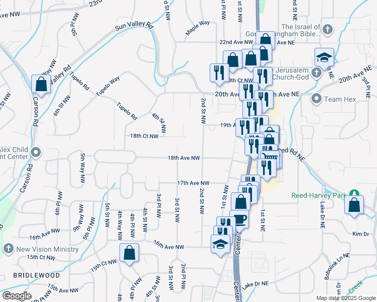 map of restaurants, bars, coffee shops, grocery stores, and more near 212 18th Avenue Northwest in Center Point