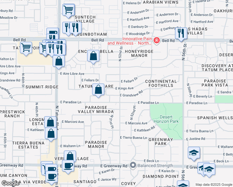 map of restaurants, bars, coffee shops, grocery stores, and more near 5201 East Kings Avenue in Scottsdale