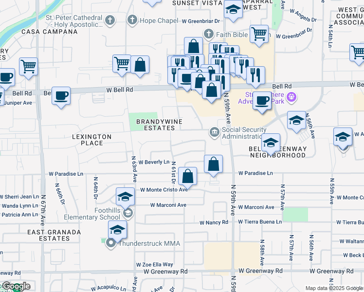 map of restaurants, bars, coffee shops, grocery stores, and more near 6031 West Grandview Road in Glendale