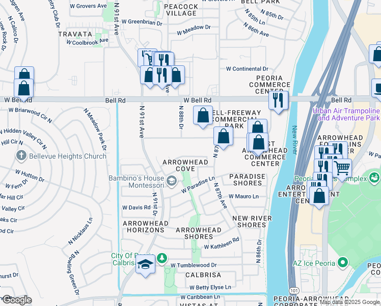 map of restaurants, bars, coffee shops, grocery stores, and more near 8844 West Kings Avenue in Peoria