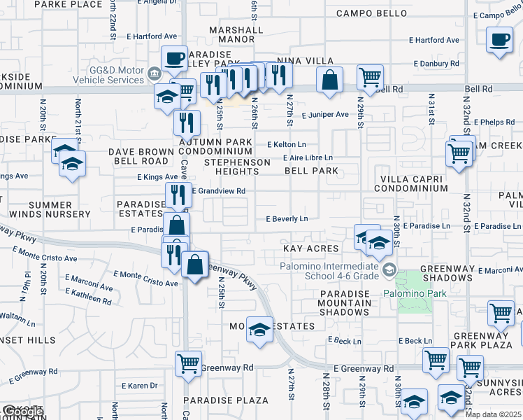 map of restaurants, bars, coffee shops, grocery stores, and more near 2607 East Sandra Terrace in Phoenix
