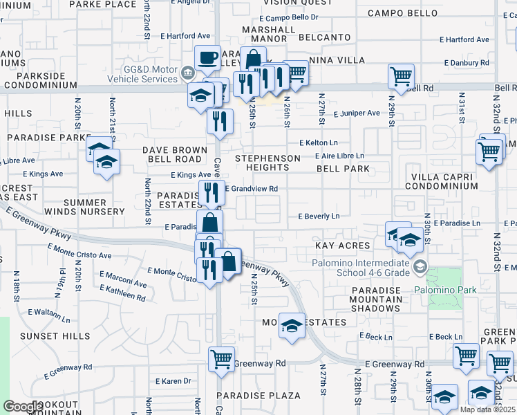 map of restaurants, bars, coffee shops, grocery stores, and more near 16225 North Cave Creek Road in Phoenix