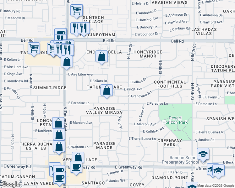 map of restaurants, bars, coffee shops, grocery stores, and more near 5108 East Grandview Road in Scottsdale