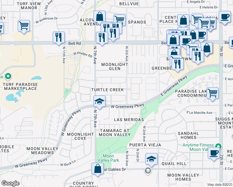map of restaurants, bars, coffee shops, grocery stores, and more near 406 West Sandra Terrace in Phoenix