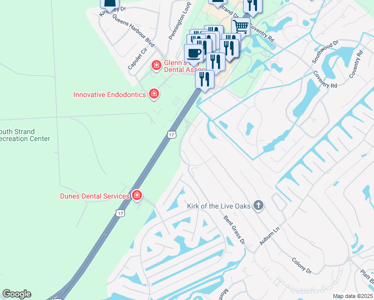 map of restaurants, bars, coffee shops, grocery stores, and more near 101 Maddington Place Drive in Surfside Beach