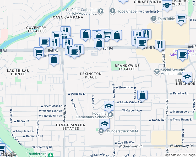 map of restaurants, bars, coffee shops, grocery stores, and more near 6413 West Grandview Road in Glendale