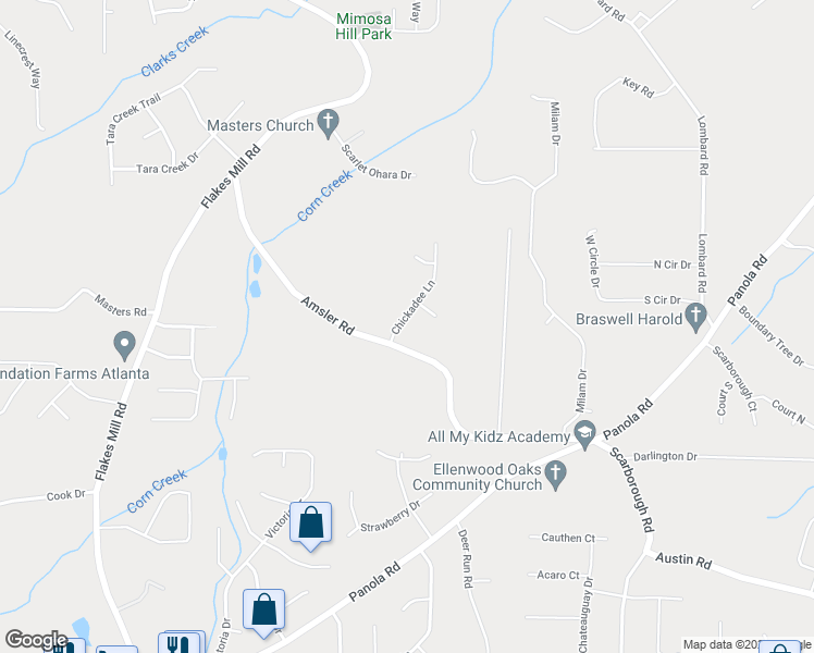 map of restaurants, bars, coffee shops, grocery stores, and more near 4840 Chickadee Lane in Ellenwood