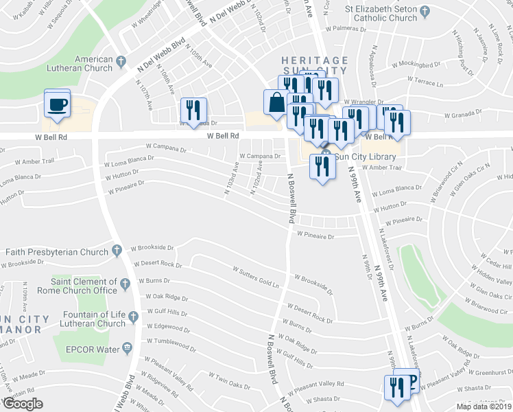 map of restaurants, bars, coffee shops, grocery stores, and more near 10171 W Hutton Dr in Sun City