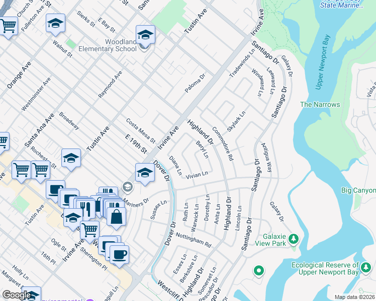map of restaurants, bars, coffee shops, grocery stores, and more near 1512 Sylvia Lane in Newport Beach