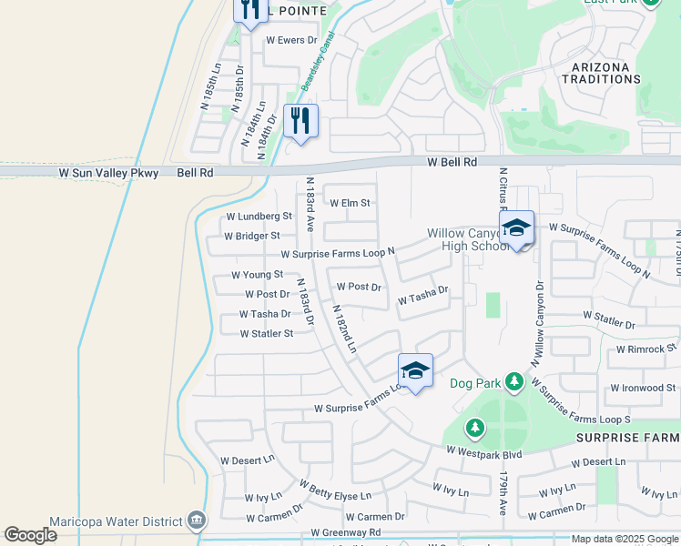 map of restaurants, bars, coffee shops, grocery stores, and more near 18253 West Young Street in Surprise