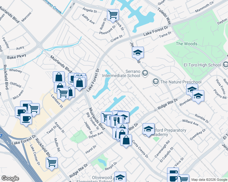 map of restaurants, bars, coffee shops, grocery stores, and more near 24332 Lake Shore Lane in Lake Forest