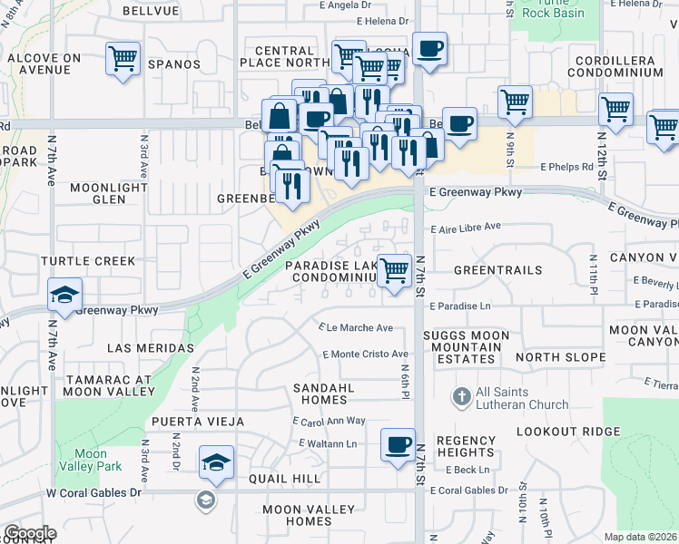 map of restaurants, bars, coffee shops, grocery stores, and more near 16220 North 7th Street in Phoenix