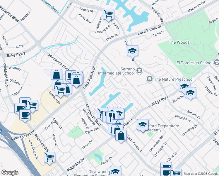 map of restaurants, bars, coffee shops, grocery stores, and more near 24332 Lake Shore Lane in Lake Forest
