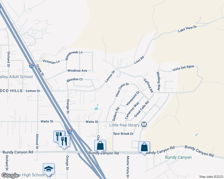 map of restaurants, bars, coffee shops, grocery stores, and more near 22337 Lemon Street in Wildomar