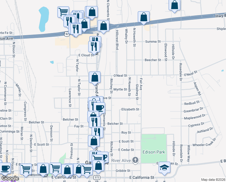map of restaurants, bars, coffee shops, grocery stores, and more near 912 Ritchey Street in Gainesville